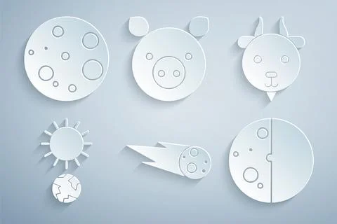 Set Comet falling down fast, Aries zodiac, Solstice, Eclipse of the sun, Pig and Illustrazione stock