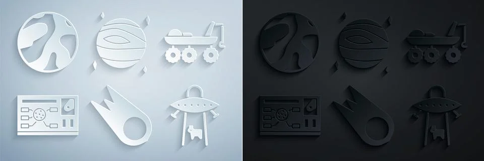 Set Comet falling down fast, Mars rover, Futuristic hud interface, UFO abdu.. Stockillustratie