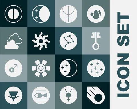 Set Comet, Full moon, Old magic key, Neptune planet, Sun, Cloudy weather, Earth Ilustração Stock