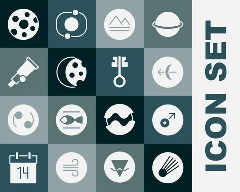 Set Comet, Mars symbol, Sagittarius zodiac, Earth element, Eclipse of the sun Stock Illustration