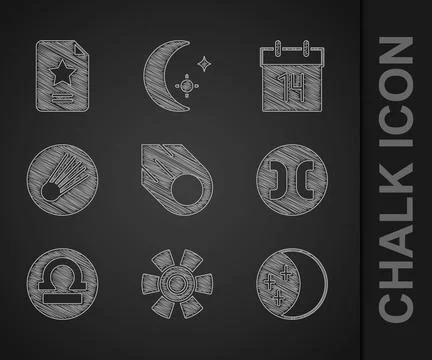 Set Comet, Sun, Eclipse of the sun, Pisces zodiac, Libra, Calendar and Star c Stock Illustration