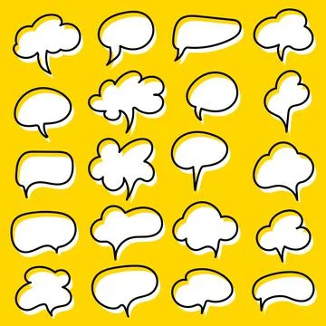 Set of comic black and white speech bubbles on yellow background. Vector illu Illustrazione stock