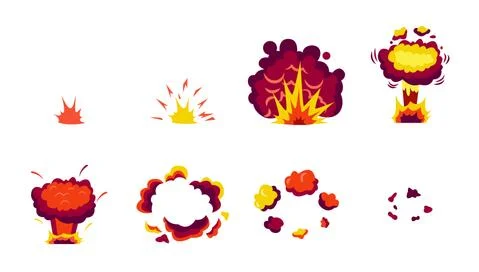 Set comic book bomb explosion effects, flat cartoon vector illustration isolated Stock Illustration