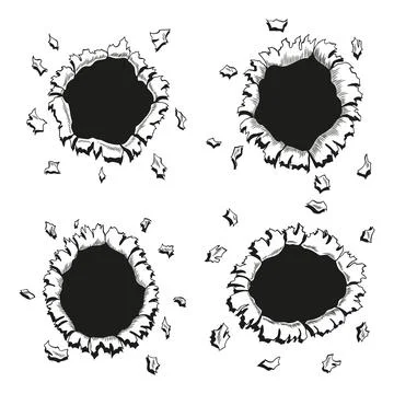 Set of comic book holes in coloring style. Vector paper is torn through boom Stock Illustration