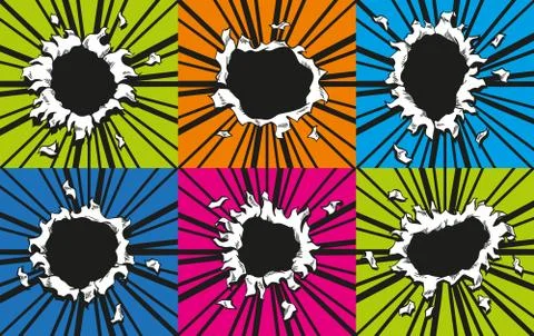 Set of comic book holes. Vector paper is torn through boom explosion. Circle Illustrazione stock