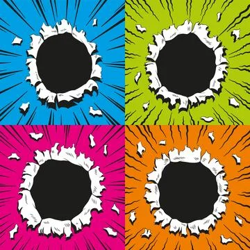 Set of comic book holes. Vector paper is torn through boom explosion. Circle Stock Illustration