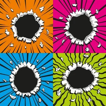 Set of comic book holes. Vector paper is torn through boom explosion. Circle 스톡 일러스트
