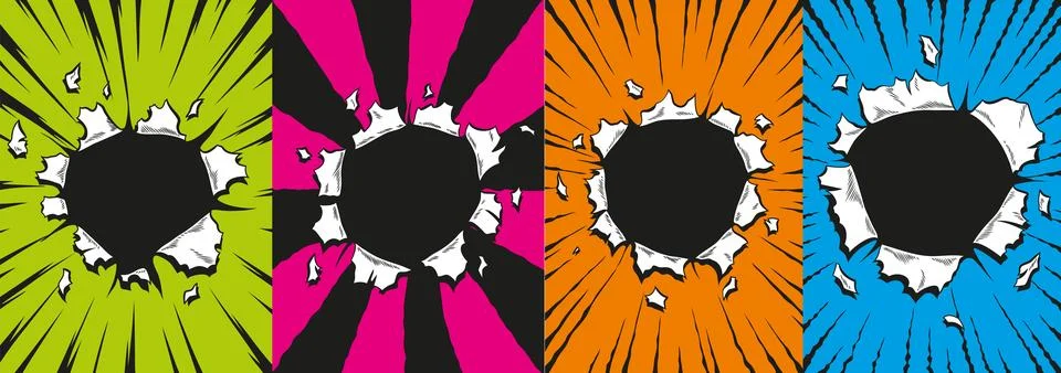 Set of comic book holes. Vector paper is torn through boom explosion. Circle Illustrazione stock