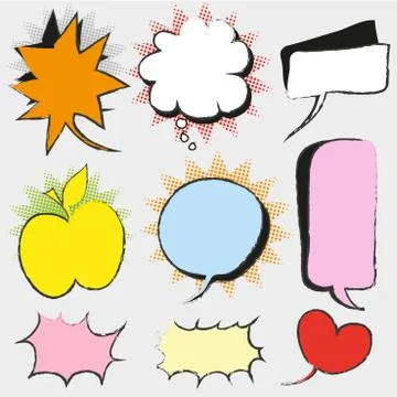 A set of comic bubbles and elements with halftone shadows. Stock Illustration