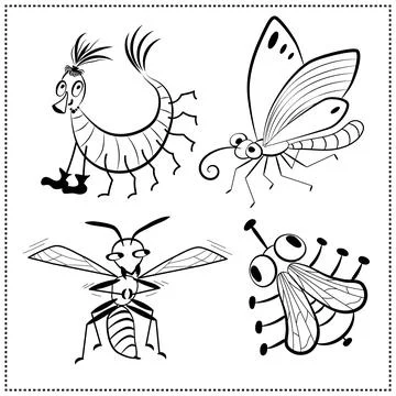 Set of comic cartoon insects. Sketch illustration. Stock Illustration