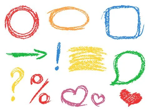 Set of comic colorful design elements on white. Crayon chalk hand drawn frame Illustrazione stock