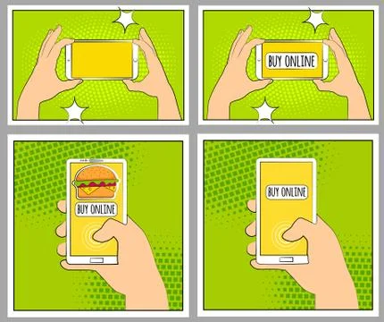 Set Comic smartphone phone with halftone shadows. Hand holding smartphone. .. Stock-Illustration