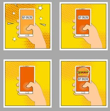Set Comic smartphone phone with halftone shadows. Hand holding smartphone. .. Illustrazione stock