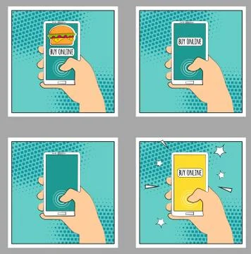 Set Comic smartphone phone with halftone shadows. Hand holding smartphone. .. 스톡 일러스트