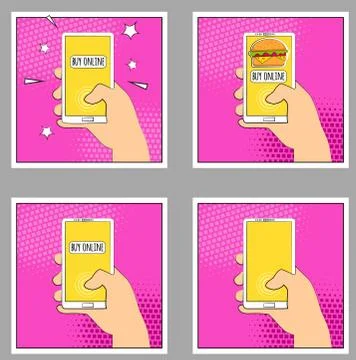 Set Comic smartphone phone with halftone shadows. Hand holding smartphone. .. Stock-Illustration