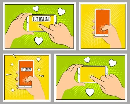 Set Comic smartphone phone with halftone shadows. Hand holding smartphone. .. Illustrazione stock