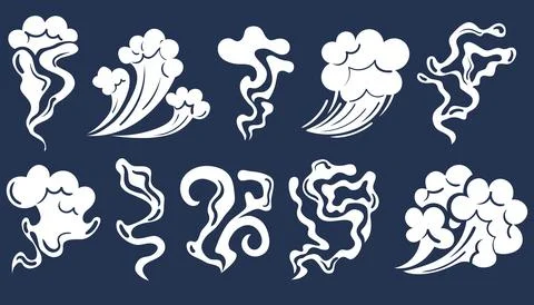 Set of comic smoke, smoking steam, clouds of smell white silhouettes in fla.. Stock Illustration