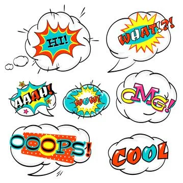 Set of comic speech bubble. Collection of cartoon explosions and clouds Illustrazione stock