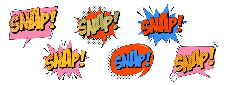 Set of comic speech bubble in trendy retro style. Snap text. Stockillustratie