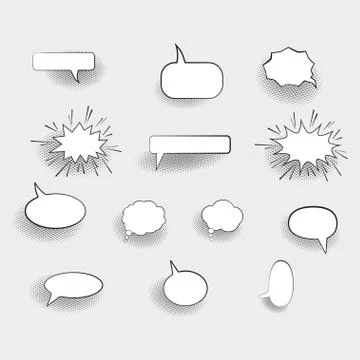 Set of comic speech bubbles and halftone elements of various shapes. Flat sty Stock Illustration