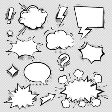 Set of comic speech bubbles and elements with halftone shadow effect in Illustrazione stock