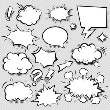 Set of comic speech bubbles and elements with halftone shadow effect in Stock Illustration