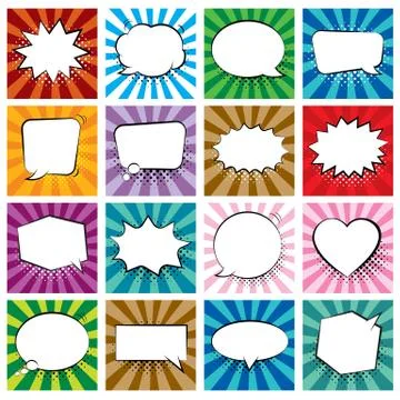 Set of comic speech bubbles on colorful background and halftone shadows. Stock Illustration