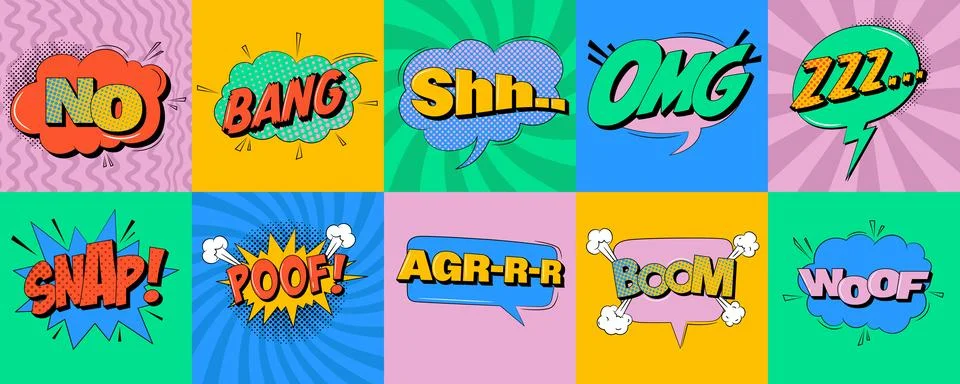 Set of comic speech bubbles in trendy pop art style. Stock Illustration