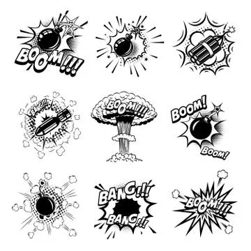 Set of comic style bombs, dynamite, grenade. Design element for poster, card, Illustrazione stock
