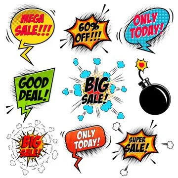 Set of comic style mega sale speech bubbles. Design element for poster, card, Stock-Illustration