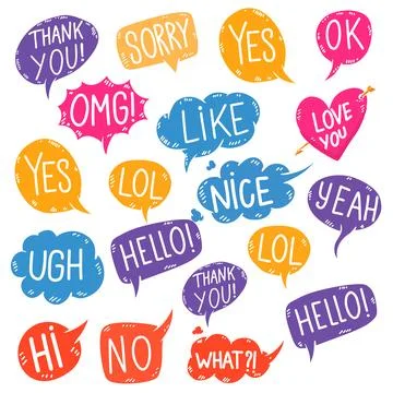 Set of comic style phrases isolated on white background. Pop art style phra.. Illustrazione stock