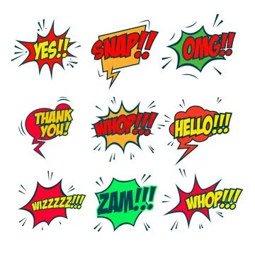 Set of comic style phrases isolated on white background. Pop art style phra.. Illustrazione stock