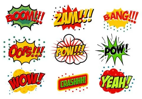 Set of comic style sound effects. Vector illustration. Pop art style phrases. Stock Illustration