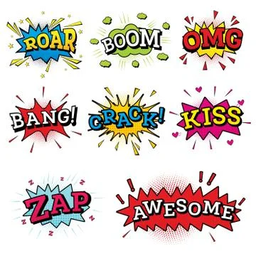 Set of Comic Text in Pop Art Style. Stock Illustration