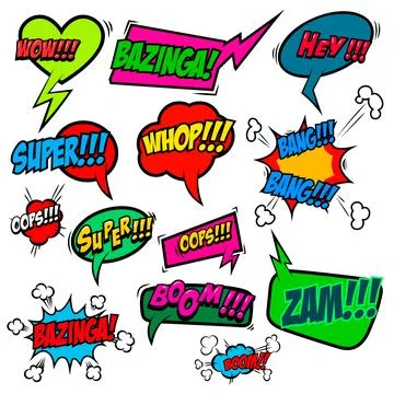 Set of comic text, Pop art style phrases. Waw, Pow, Bang-Bang, Super!, Bazi.. Stock Illustration