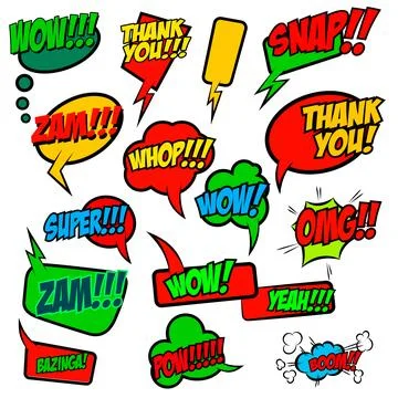 Set of comic text, Pop art style phrases. Waw, Pow, Bang-Bang, Super!, Bazi.. Stock Illustration