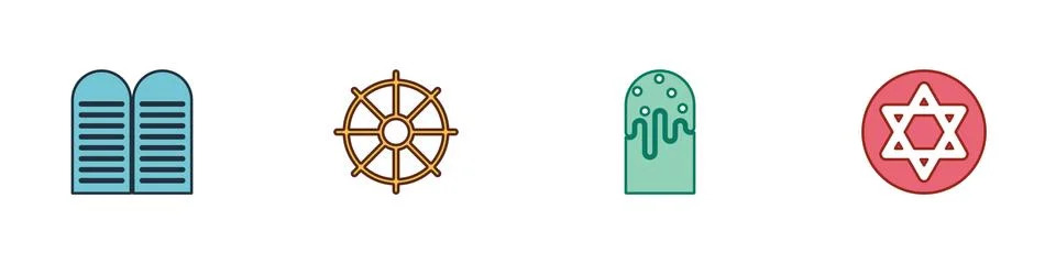 Set The commandments, Dharma wheel, Easter cake and Star of David icon. Vector 스톡 일러스트