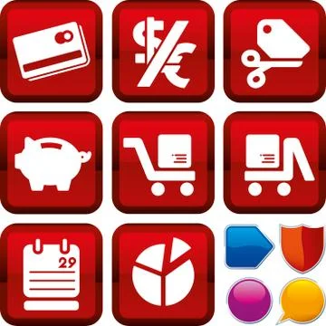 Set of commerce icons on square buttons. Geometric style. Stock Illustration