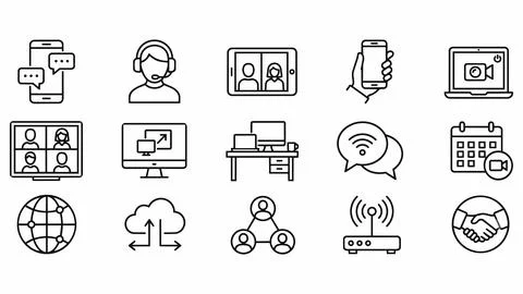 Set of communication and digital technology icons in thin line style Stock Illustration