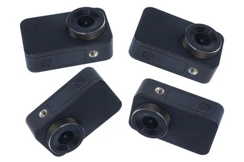 Set of compact action cameras of different angles isolated on a white backgro Stock Photos