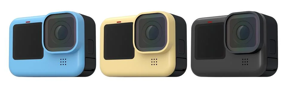 Set of compact action cameras, isolated on white background, concept of tech Stock Illustration
