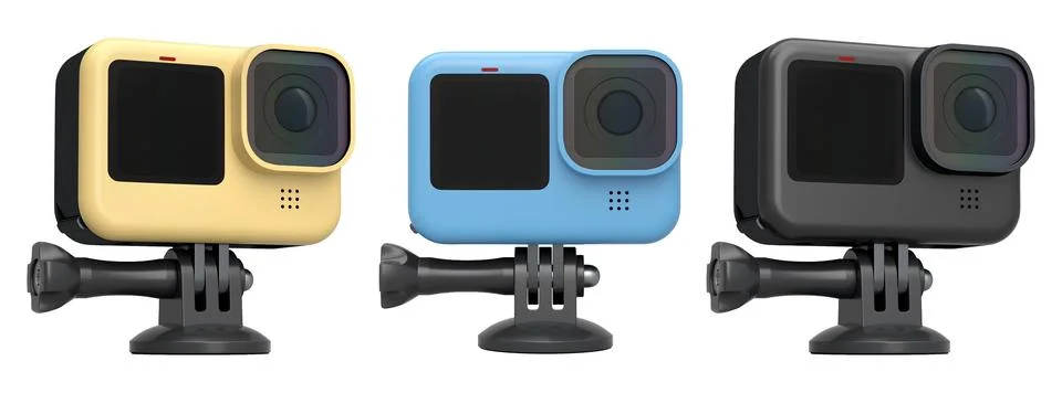 Set of compact action cameras, isolated on white background, concept of tech  Stock Illustration