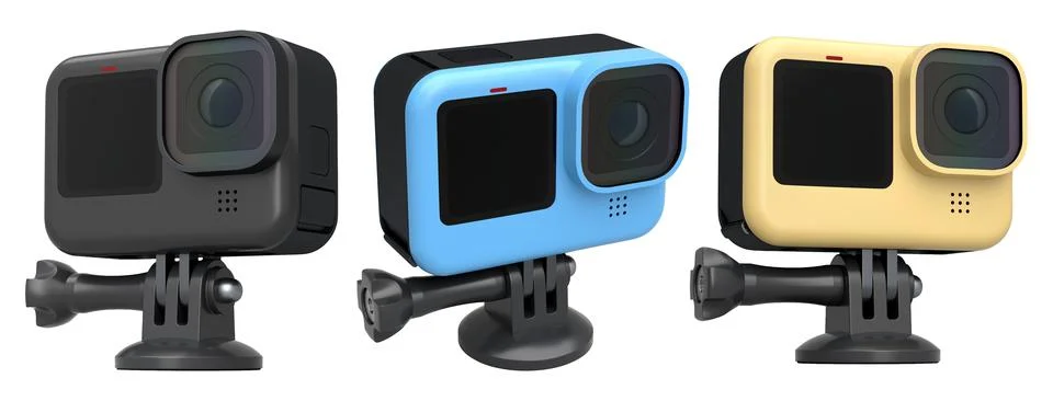 Set of compact action cameras, isolated on white background, concept of tech  Stock Illustration
