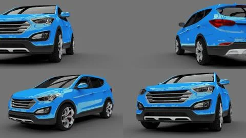 Set compact city crossover blue color on a gray background. 3d rendering. Stockillustratie