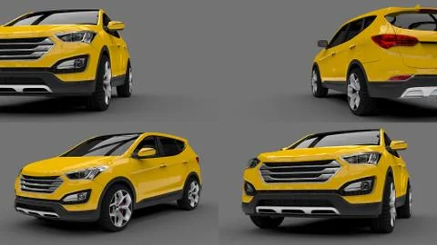 Set compact city crossover yellow color on a gray background. 3d rendering. Illustrazione stock