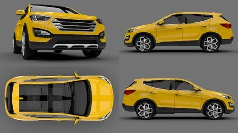 Set compact city crossover yellow color on a gray background. 3d rendering. Illustrazione stock