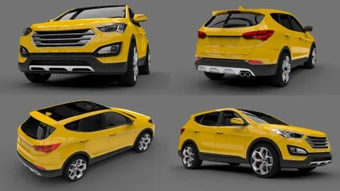 Set compact city crossover yellow color on a gray background. 3d rendering. Stock Illustration
