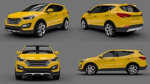 Set compact city crossover yellow color on a gray background. 3d rendering. Illustrazione stock