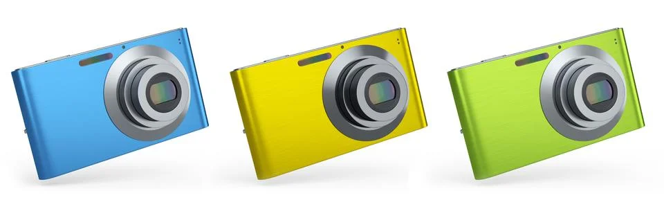 Set of compact pocket digital camera for summer holidays on white background. Illustrazione stock