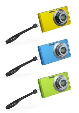 Set of compact pocket digital camera for summer holidays on white background. イラスト素材